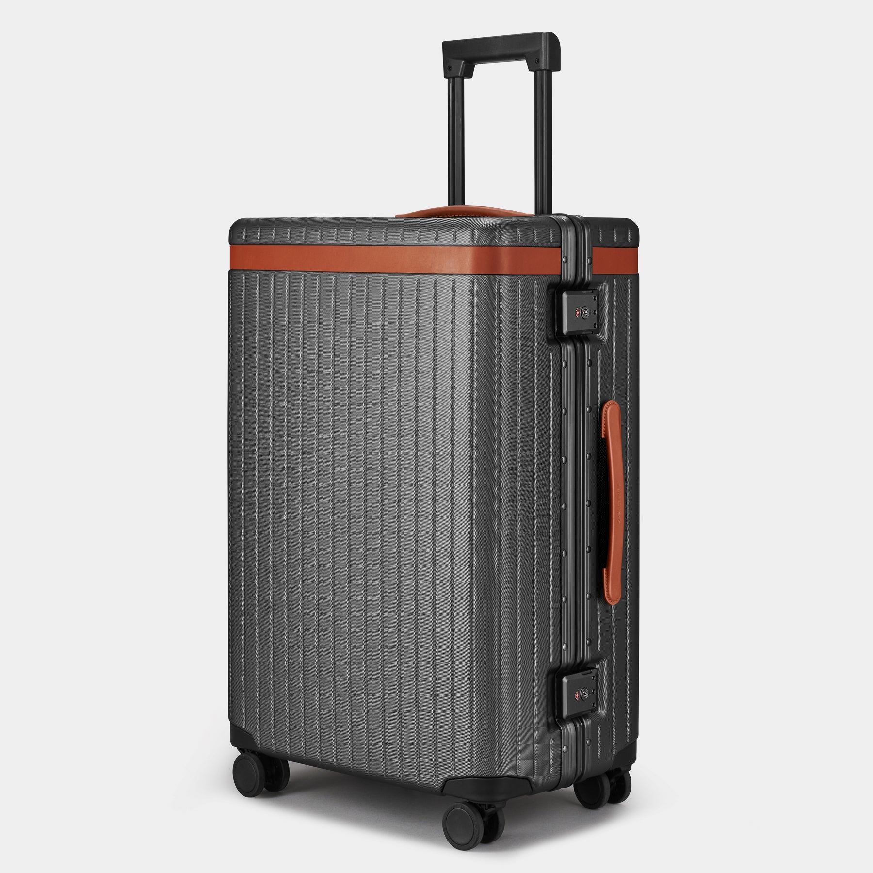 The Check-in - Return Grey / Cognac / Dotted Large grey polycarbonate suitcase - Fair Condition